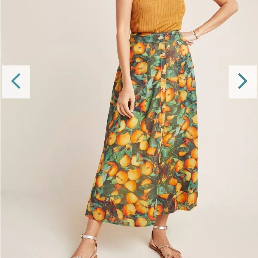 Anthropologie Green & Orange Fruit-Print Midi Skirt